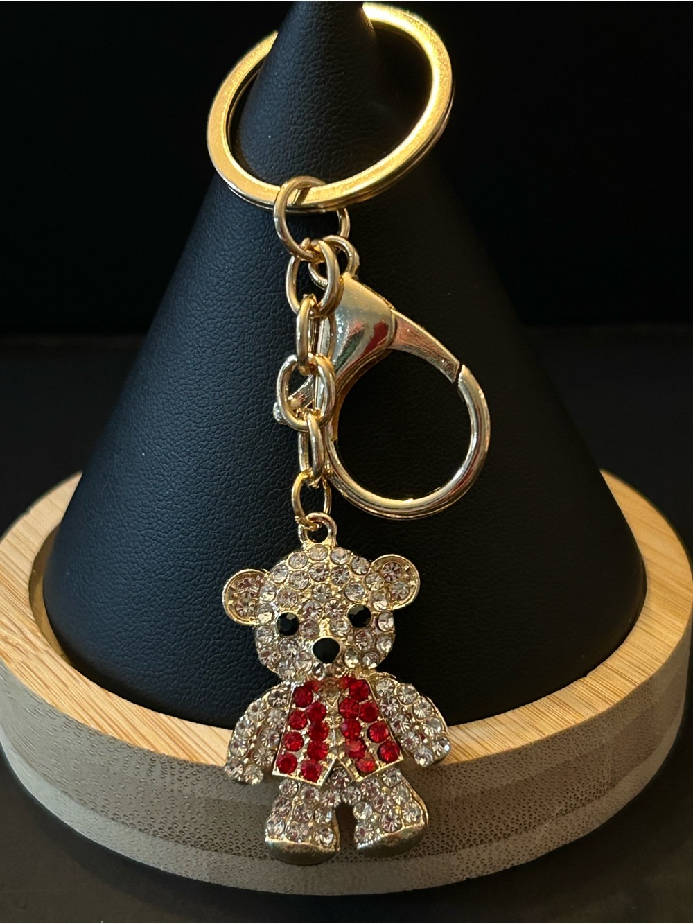 Gold Crystal Teddy Bear 🧸 Bag Charm Keychain with Red Vest Accents